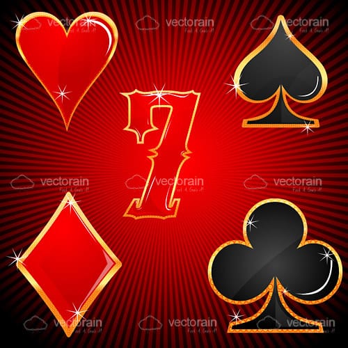 Colourful Playing Card Symbols and Lucky 7 Icon